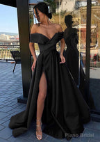 A-line Off-the-Shoulder Cap Straps Sweep Train Satin Prom Dresses With Pleated Split