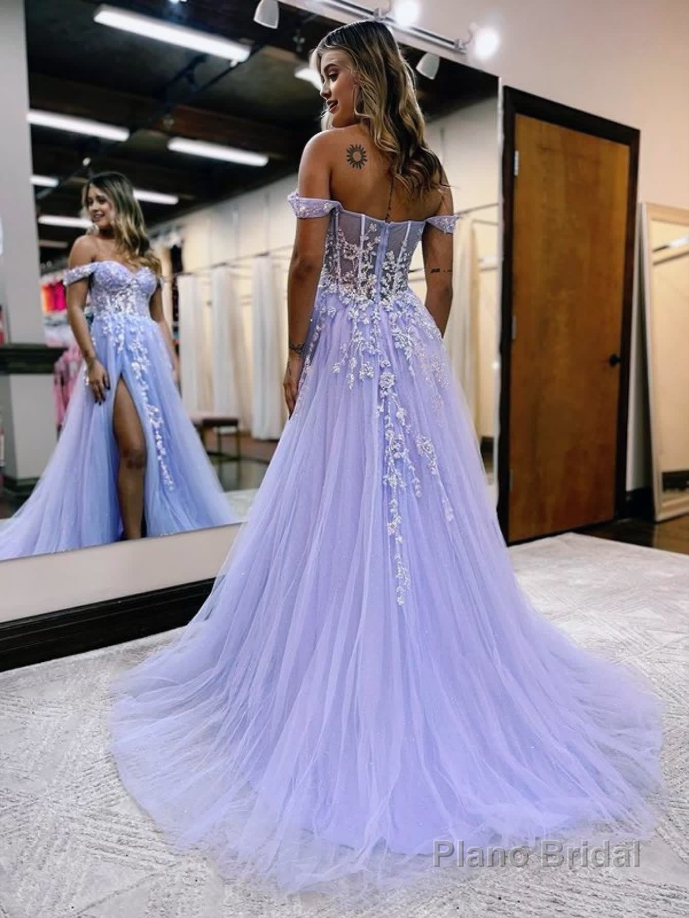 A Line Off the Shoulder Lace Tulle Prom Dress With Slit Secondary image