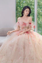 A Line Off the Shoulder Formal Prom Dresses with Flowers, Charming Tulle Party Gown