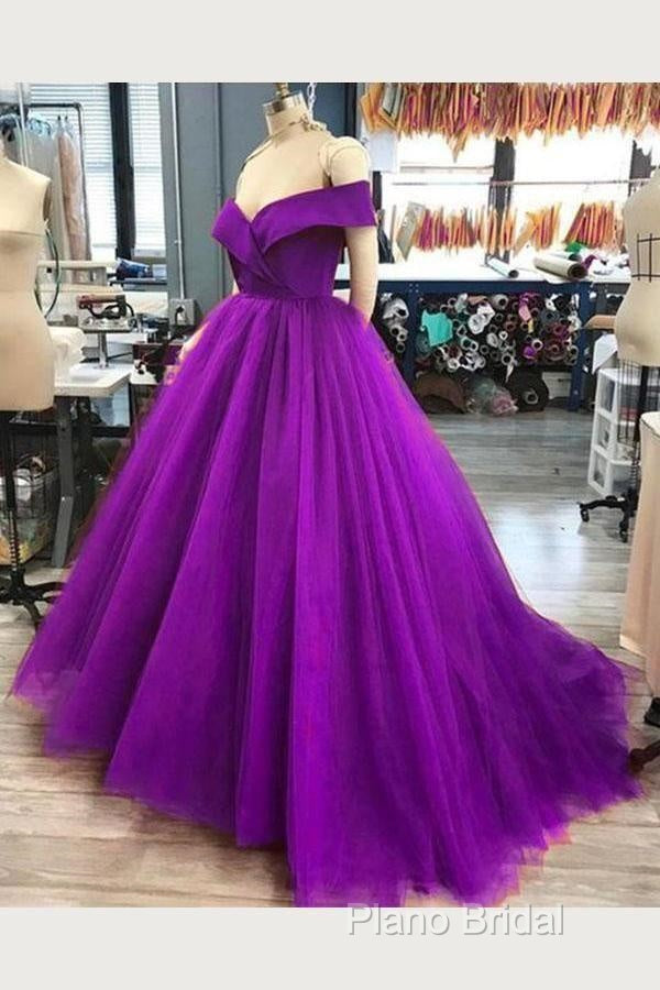 A Line Off The Shoulder Purple Tulle Formal Prom Dresses Long Formal Gown