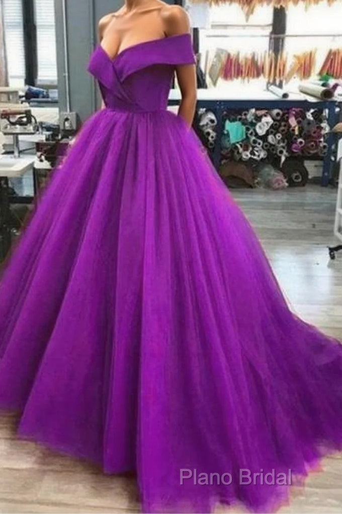 A Line Off The Shoulder Purple Tulle Formal Prom Dresses Long Formal Gown Main image