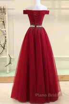 A-Line Off The Shoulder Red Tulle Formal Prom Dresses Evening Dresses With Beading,