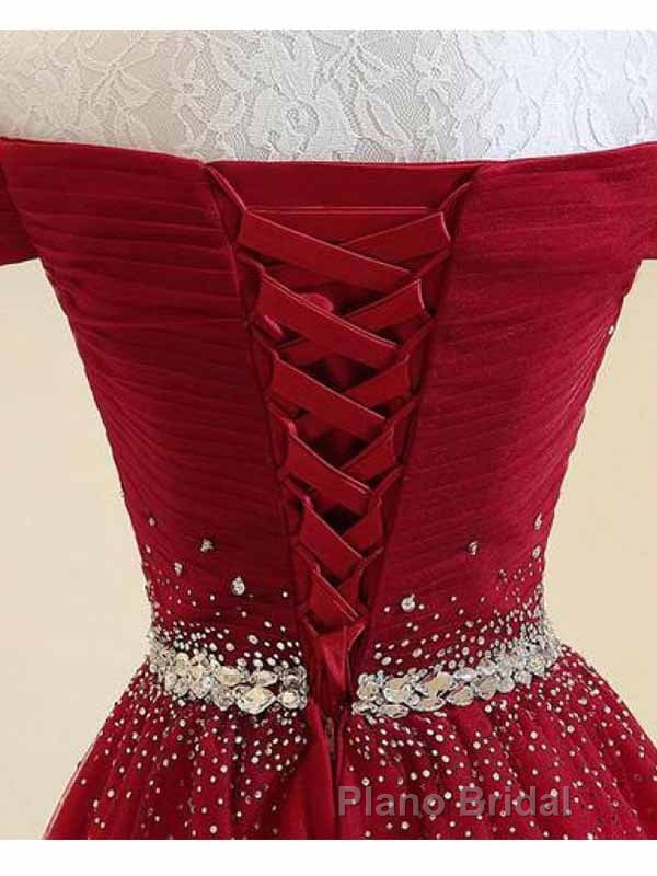 A-Line Off The Shoulder Red Tulle Formal Prom Dresses Evening Dresses With Beading,