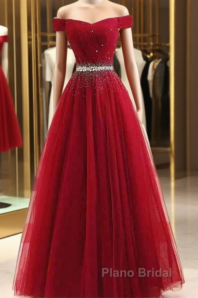 A-Line Off The Shoulder Red Tulle Formal Prom Dresses Evening Dresses With Beading, Main image