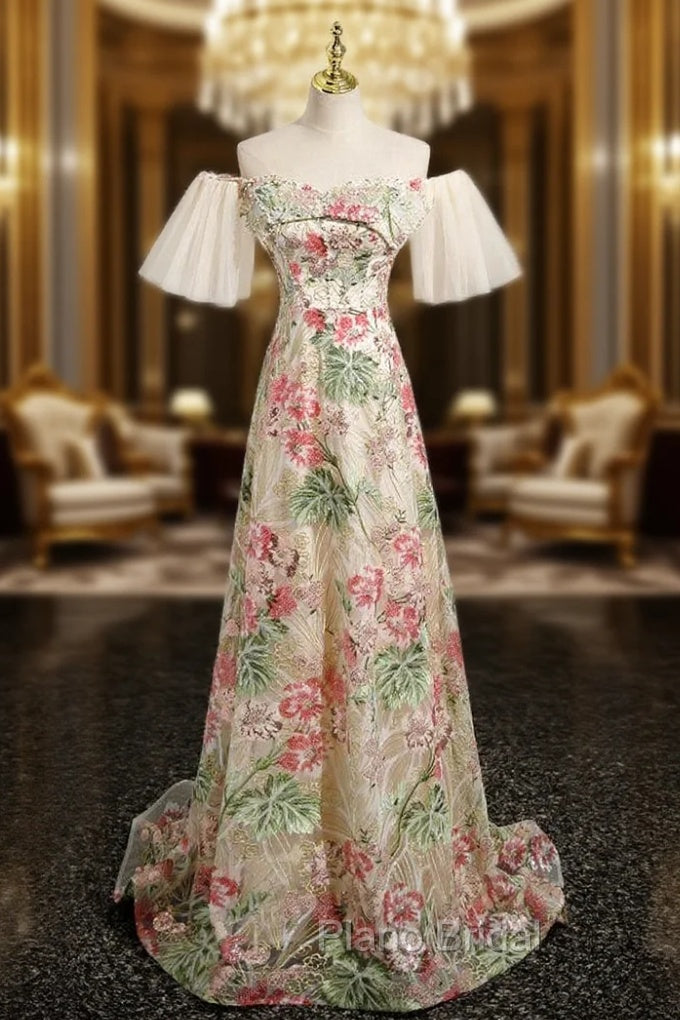 A-LIne Off the Shoulder Sequins Pearls Formal Prom Dresses