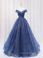 A Line Off the Shoulder Shiny Blue Long Formal Prom Dresses, Off Shoulder Shiny Blue Formal Evening Dresses