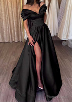 A-line Off-the-Shoulder Short Sleeve Satin Long/Floor-Length Prom Dresses With Ruffles Split