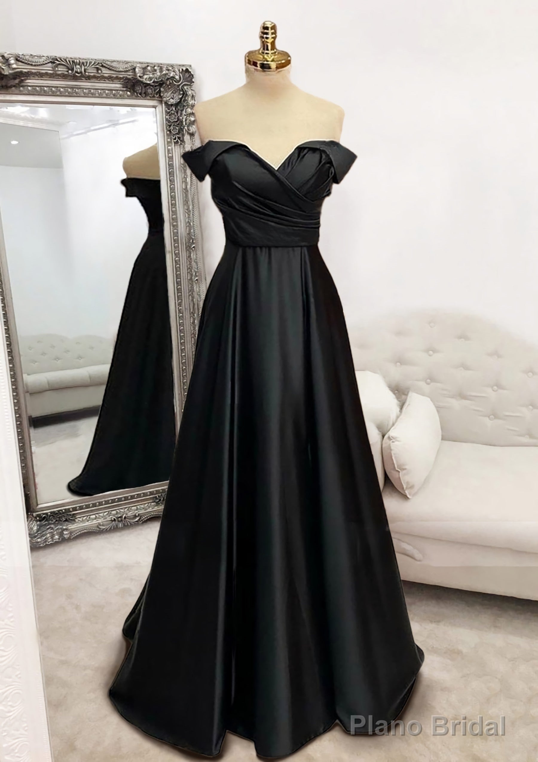 A-line Off-the-Shoulder Sleeveless Long/Floor-Length Satin Prom Dresses With Pleated