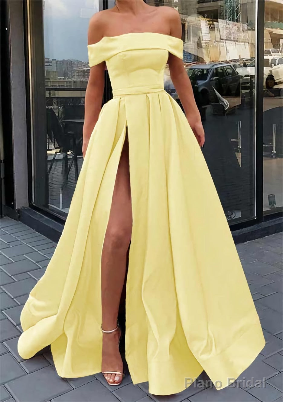 A-line Off-the-Shoulder Sleeveless Long/Floor-Length Satin Prom Dresses With Split