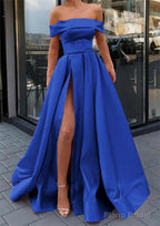 A-line Off-the-Shoulder Sleeveless Long/Floor-Length Satin Prom Dresses With Split
