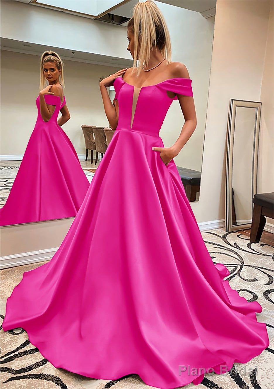 A-line Off-the-Shoulder Sleeveless Satin Sweep Train Prom Dresses With Pockets