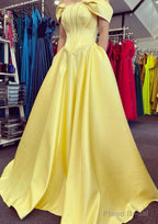 A-line Off-the-Shoulder Strapless Long/Floor-Length Satin Prom Dresses With Pleated Pockets