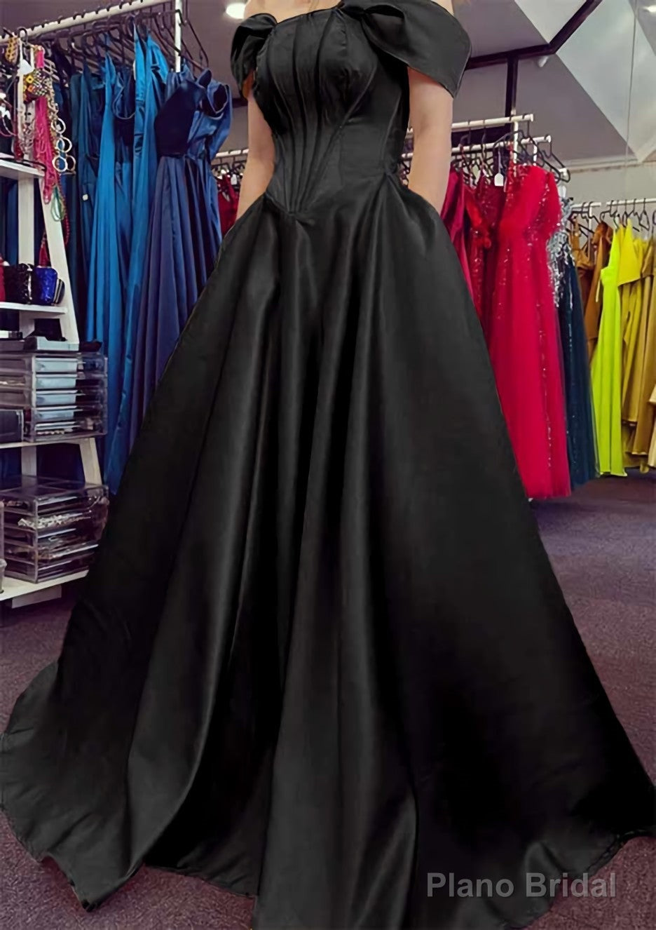 A-line Off-the-Shoulder Strapless Long/Floor-Length Satin Prom Dresses With Pleated Pockets