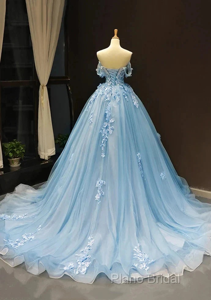 A-Line Off-The-Shoulder Sweetheart Sweep Train Tulle Formal Prom Dresses, Sky Blue Applique Wedding Dresses