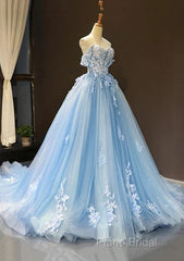 A-Line Off-The-Shoulder Sweetheart Sweep Train Tulle Formal Prom Dresses, Sky Blue Applique Wedding Dresses