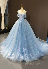 A-Line Off-The-Shoulder Sweetheart Sweep Train Tulle Formal Prom Dresses, Sky Blue Applique Wedding Dresses