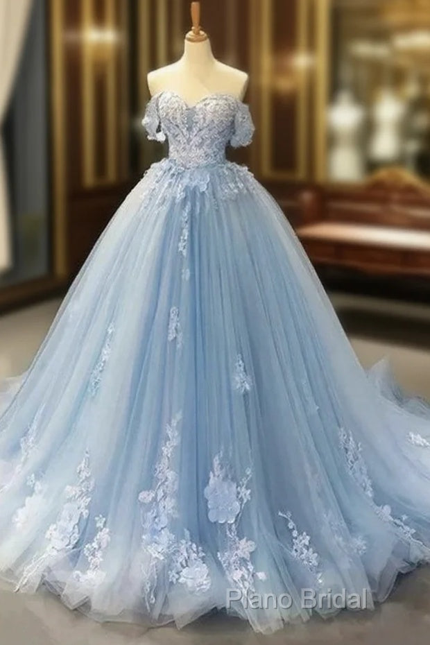 A-Line Off-The-Shoulder Sweetheart Sweep Train Tulle Formal Prom Dresses, Sky Blue Applique Wedding Dresses Main image