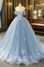 A-Line Off-The-Shoulder Sweetheart Sweep Train Tulle Formal Prom Dresses, Sky Blue Applique Wedding Dresses