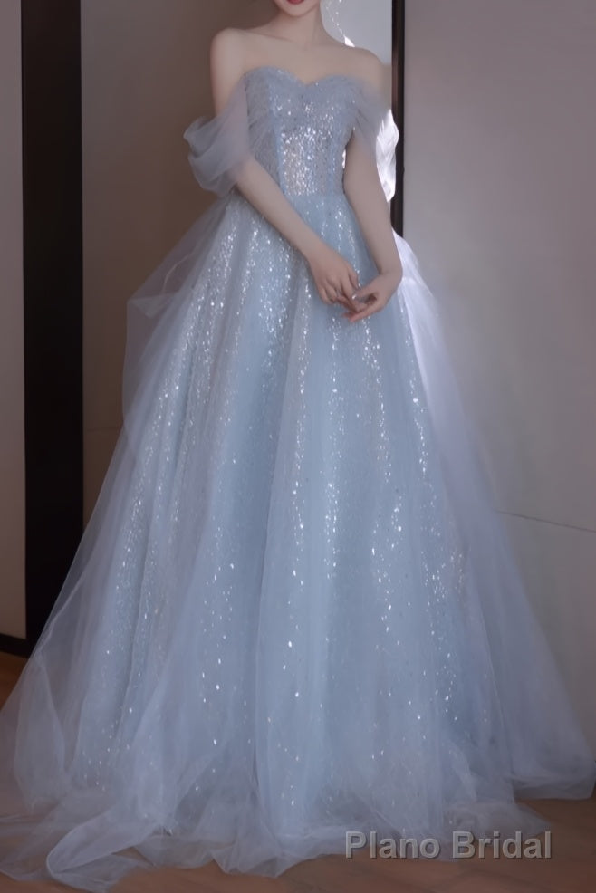 A line Off The Shoulder Tulle Gray Party Dresses Long Prom Dresses Main image