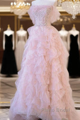 A Line Off The Shoulder Tulle Pink Tiered Formal Prom Dresses Evening Dresses