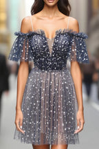 A-line Off-the-shoulder Tulle Short/Mini Short Formal Prom Dresses With Ruffles