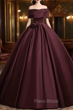 A-Line Off the Shoulders Satin Maroon Long Formal Prom Dresses, Maroon Long Formal Dresses