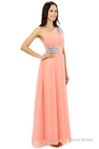 A-line One-shoulder Chiffon Beaded Crystals Coral Bridesmaid Dresses