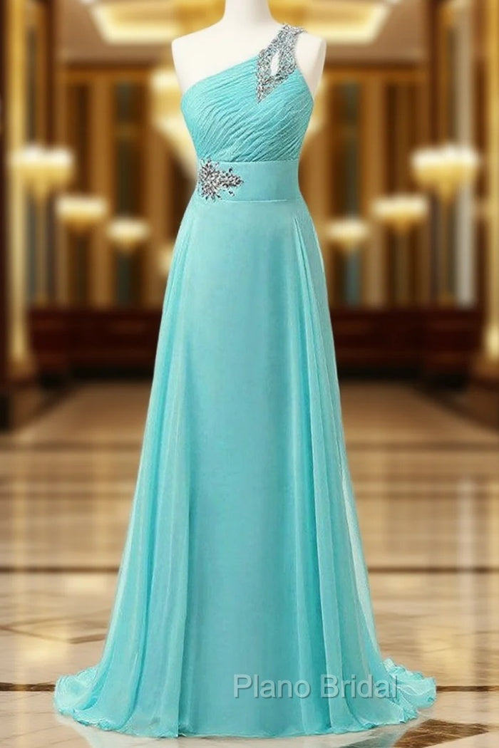 A-Line One Shoulder Chiffon Pleats Crystal Bridesmaid Dresses Main image