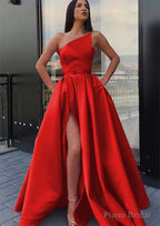 A-line One-Shoulder Long/Floor-Length Satin Prom Dresses With Pockets Waistband Split