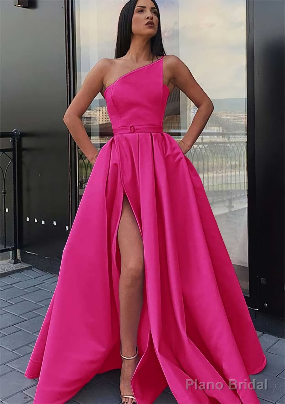 A-line One-Shoulder Long/Floor-Length Satin Prom Dresses With Pockets Waistband Split