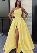 A-line One-Shoulder Long/Floor-Length Satin Prom Dresses With Pockets Waistband Split