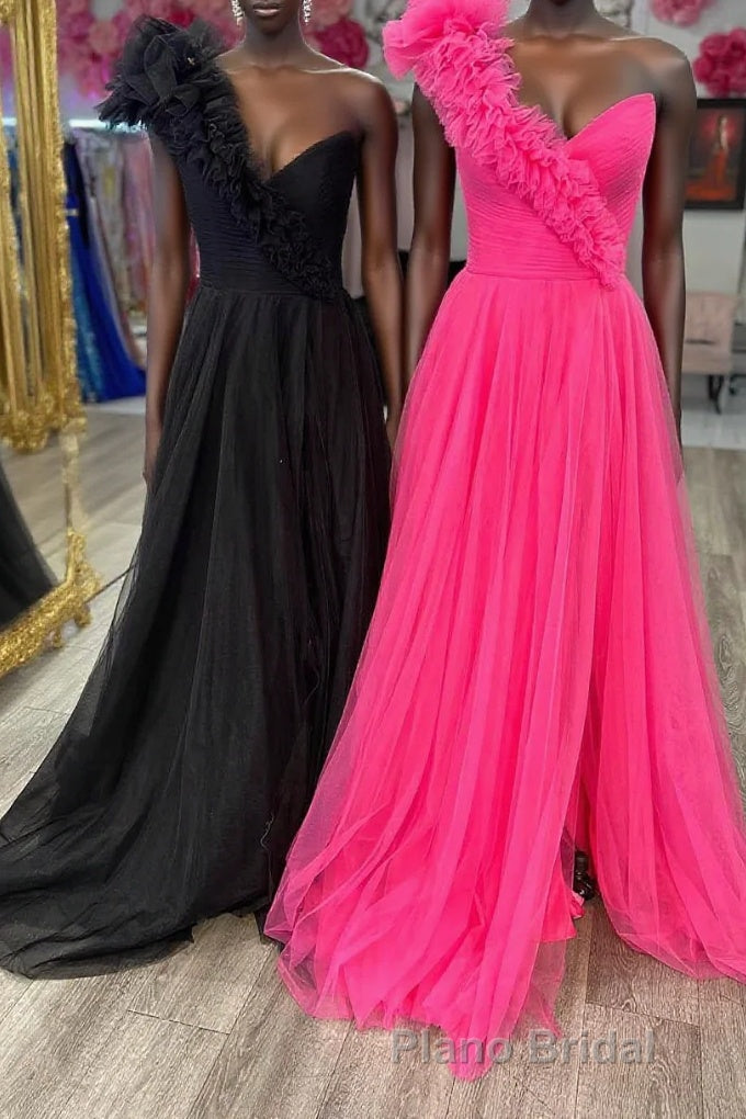 A-Line One Shoulder Long Tulle Formal Prom Dresses with Ruffles