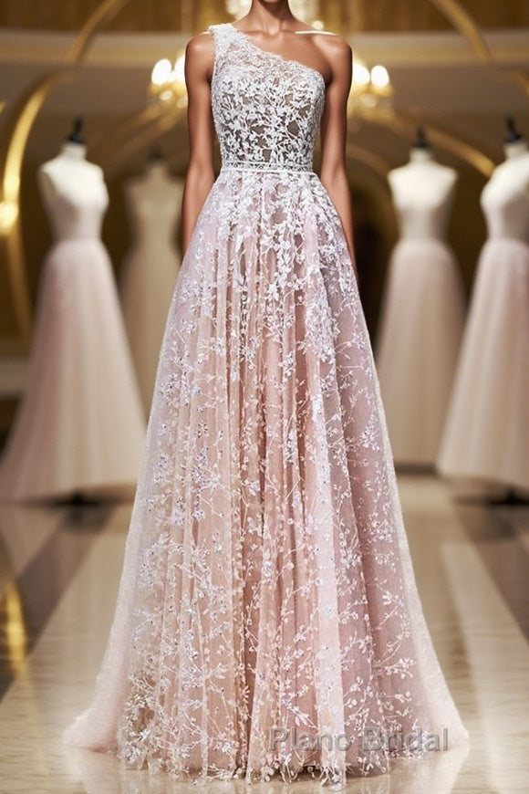 A Line One Shoulder Pink Lace Long Formal Prom Dress, Pink Lace Formal Dress, Pink Evening Dress