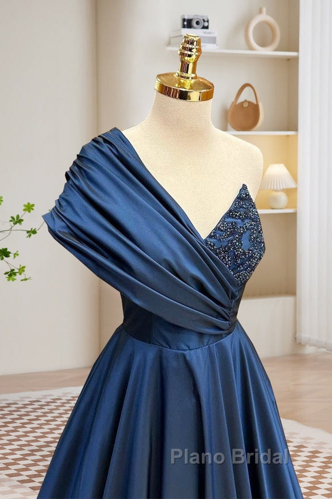 A-Line One Shoulder Satin Beads Dark Blue Long Formal Prom Dresses, Blue Long Evening Dresses Secondary image