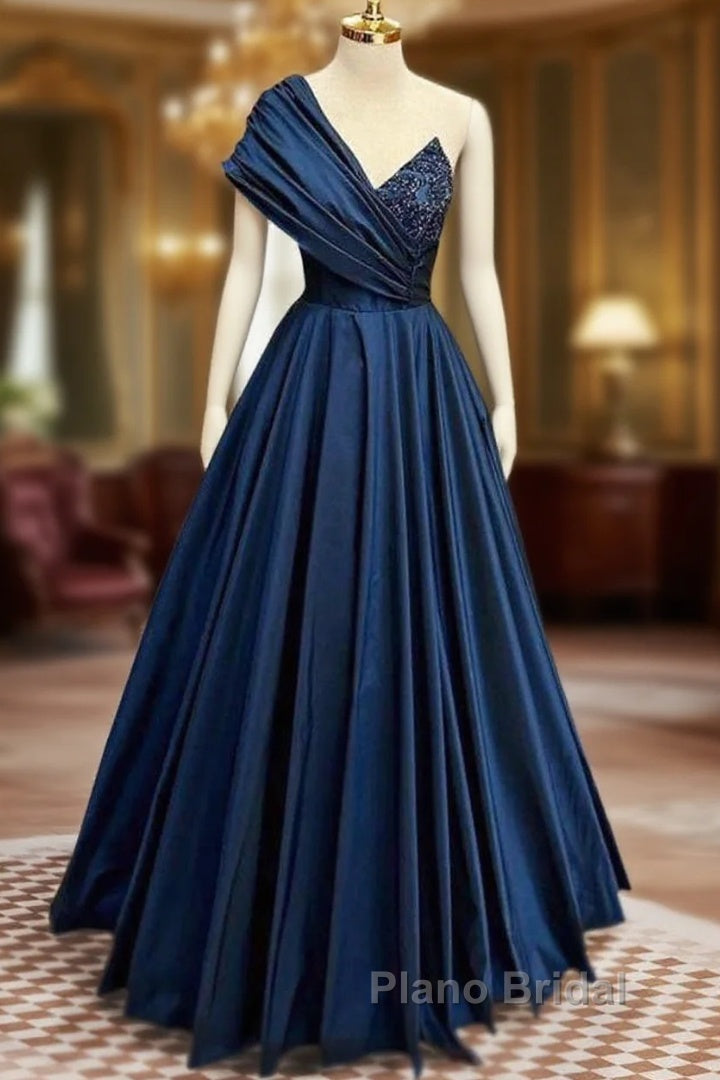 A-Line One Shoulder Satin Beads Dark Blue Long Formal Prom Dresses, Blue Long Evening Dresses