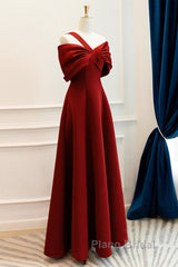 A-Line One Shoulder Satin Burgundy Long Formal Prom Dresses, Burgundy Long Formal Dresses