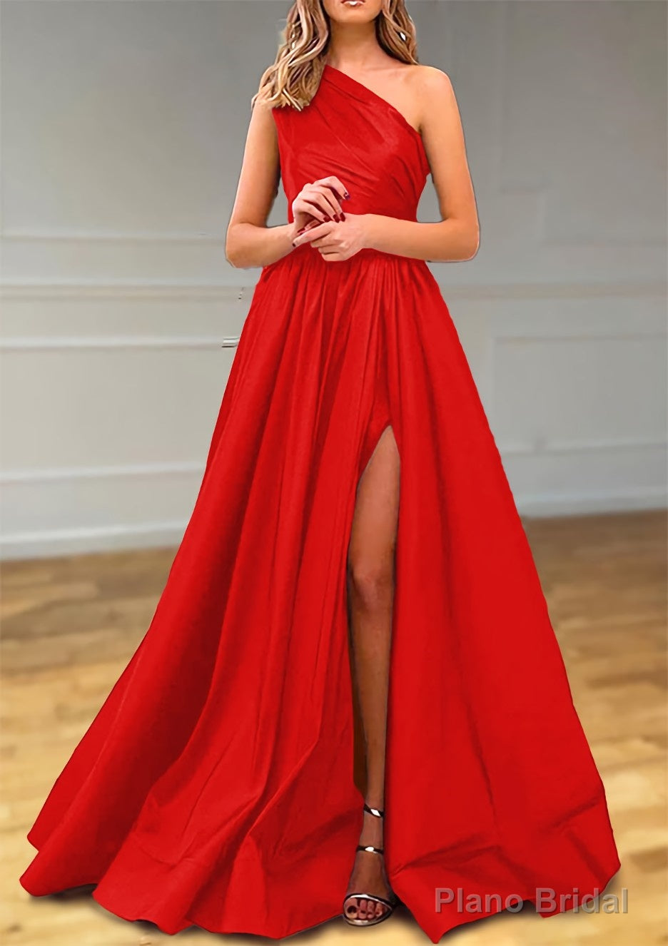 A-line One-Shoulder Satin Prom Dresses With Pleated Split