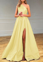 A-line One-Shoulder Satin Prom Dresses With Pleated Split