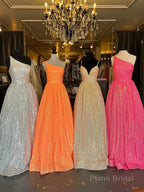 A-Line One Shoulder Sequins Prom Dress with Pockets