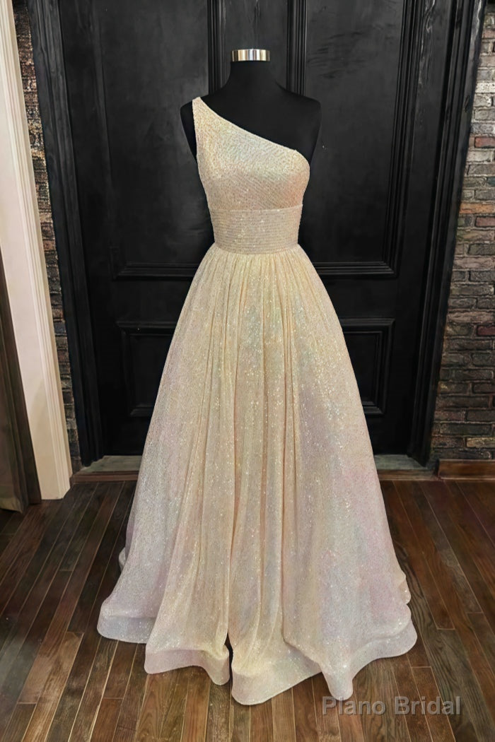 A-line One-Shoulder Sleeveless Long/Floor-Length Sequined Prom Dresses With Pockets Main image