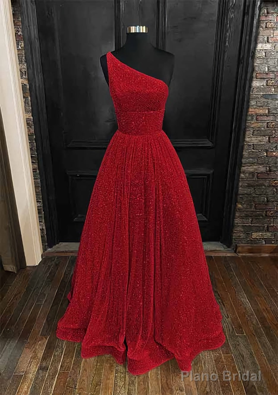 A-line One-Shoulder Sleeveless Long/Floor-Length Sequined Prom Dresses With Pockets