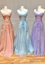 A-line One-Shoulder Sleeveless Long/Floor-Length Tulle Prom Dresses with Appliqued Split