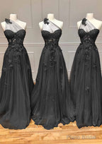 A-line One-Shoulder Sleeveless Long/Floor-Length Tulle Prom Dresses with Appliqued Split
