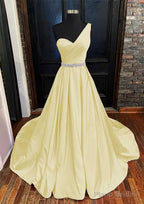 A-line One-Shoulder Sleeveless Satin Long/Floor-Length Prom Dresses With Beading Pleated