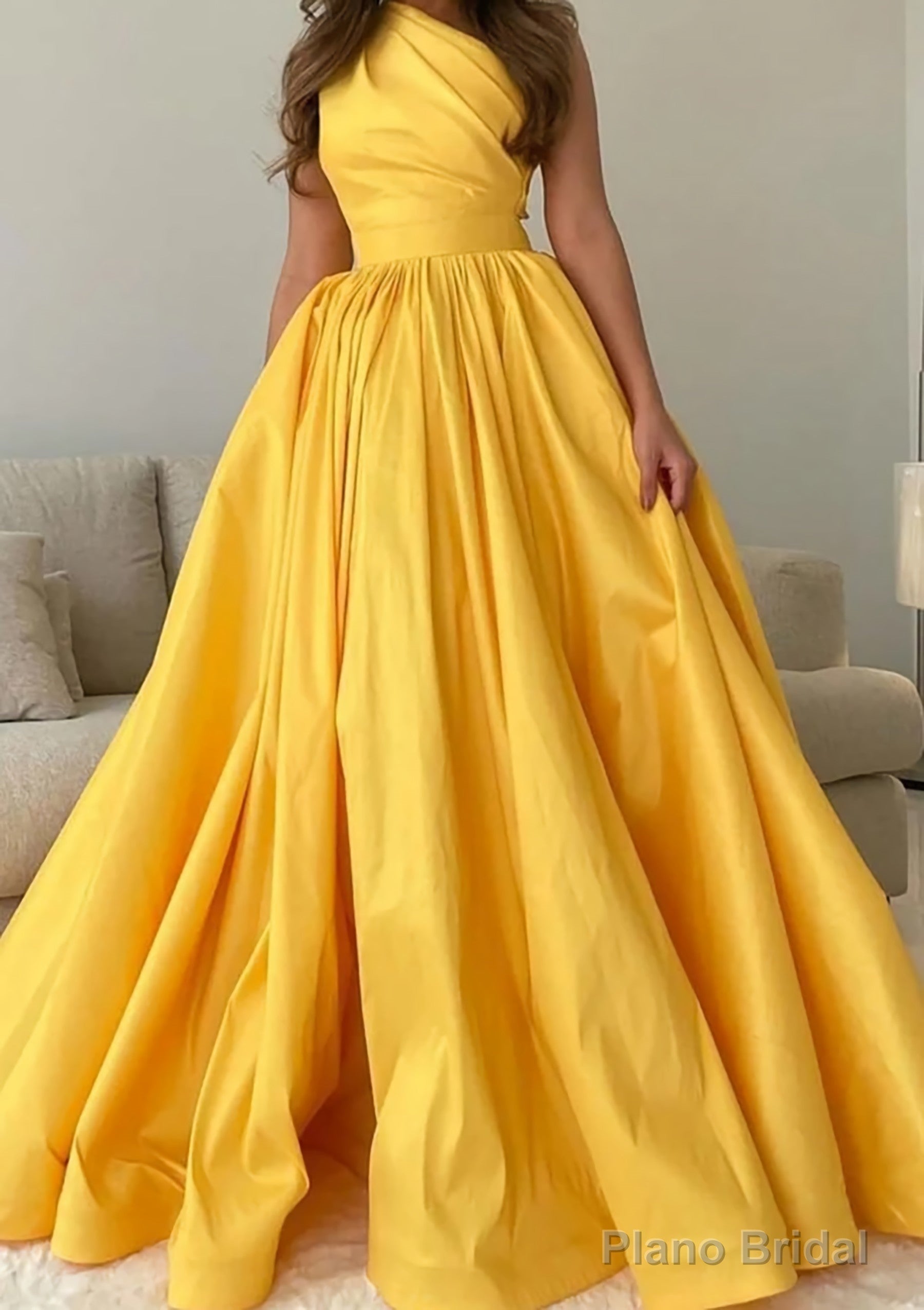 A-line One-Shoulder Sleeveless Sweep Train Satin Prom Dresses with Pleated