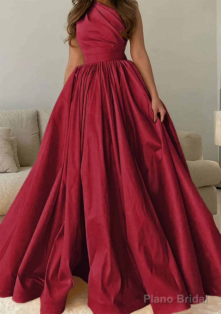 A-line One-Shoulder Sleeveless Sweep Train Satin Prom Dresses with Pleated