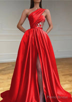 A-line One-Shoulder Sleeveless Sweep Train Satin Prom Dresses With Split Pleated