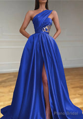 A-line One-Shoulder Sleeveless Sweep Train Satin Prom Dresses With Split Pleated