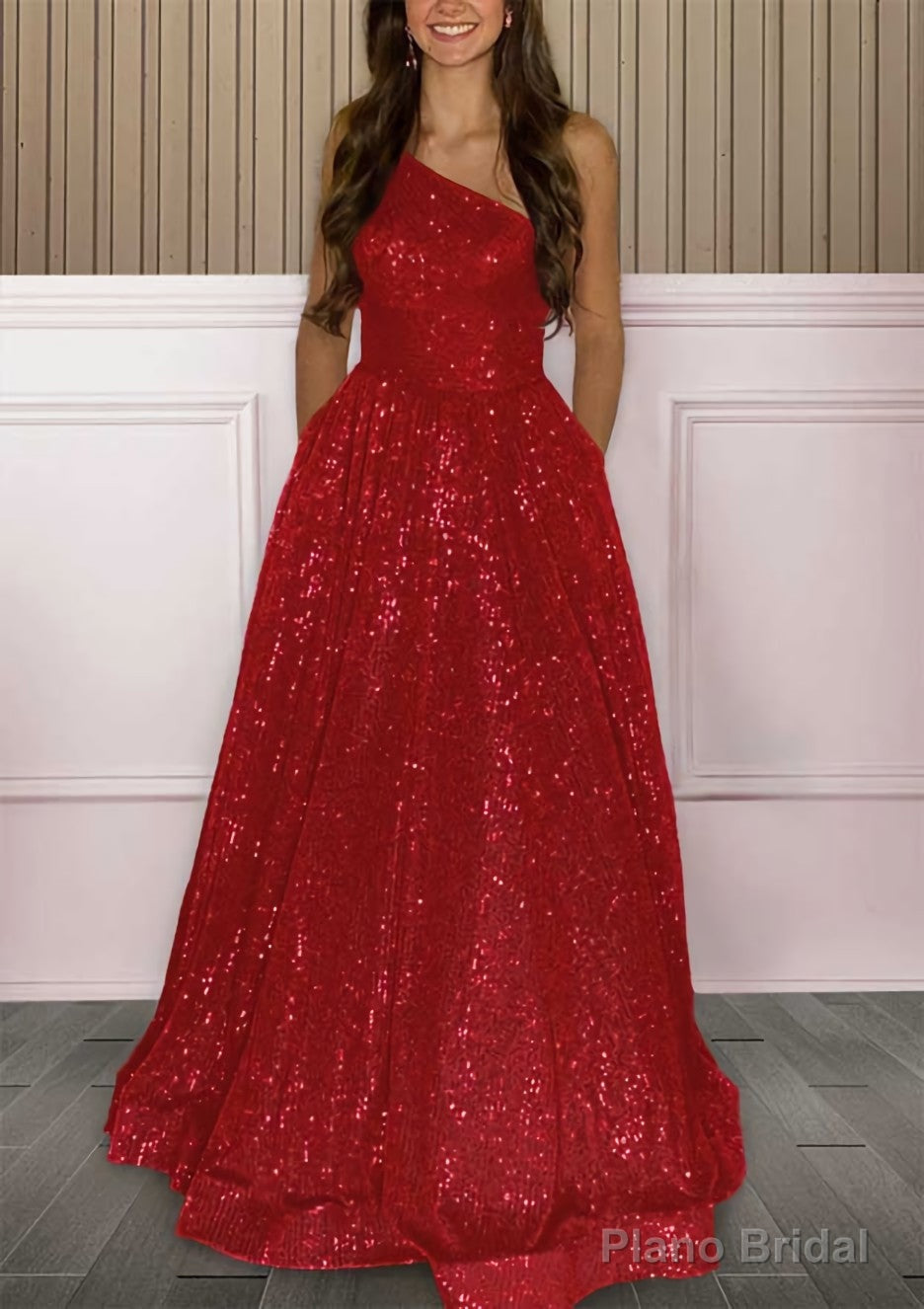 A-line One-Shoulder Sleeveless Sweep Train Sequined Prom Dresses with Pockets