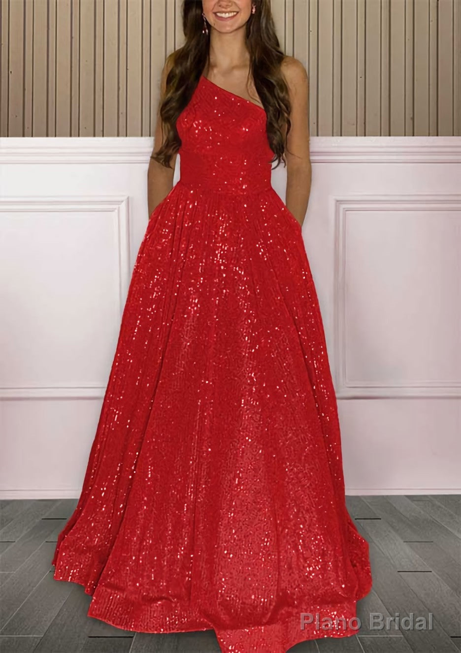 A-line One-Shoulder Sleeveless Sweep Train Sequined Prom Dresses with Pockets